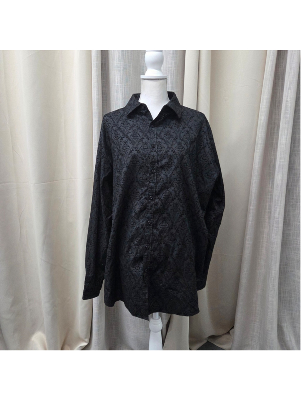 Beverly Hills Polo Club Men Black Flocked Damask Jacquard Button Down Shirt L